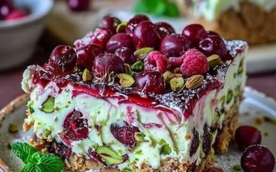 Voor het deeg meng ik 250 g mascarpone met 500 g kersen.